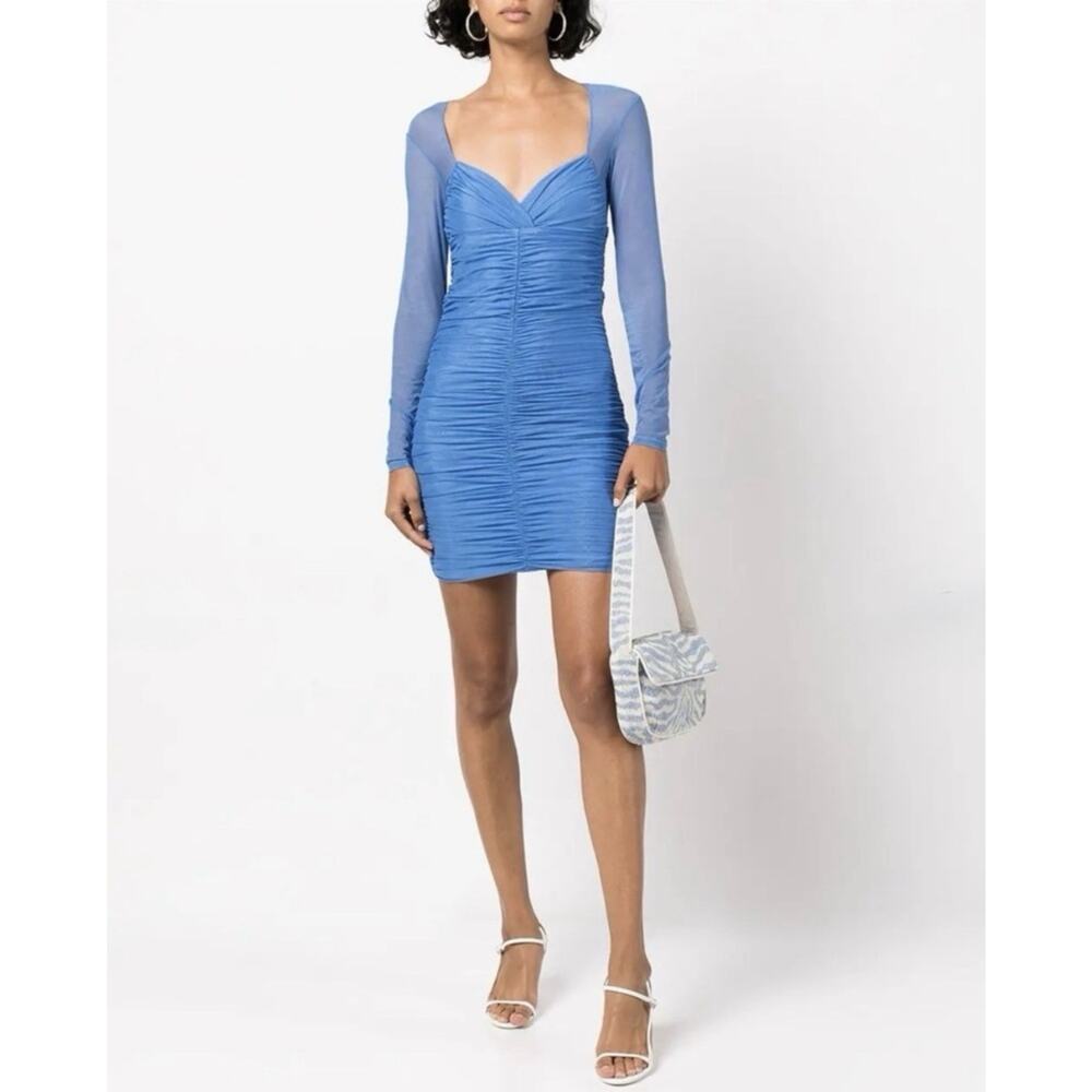 NWT Fleur Du Mal Cindy Ruched Sheer Long Sleeve Mini Bodycon Dress Blue Size M